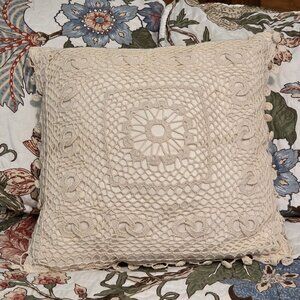 Crochet Lace Macrame Decorative Throw Pillow Cream 15x15 in. Bed Couch Chair